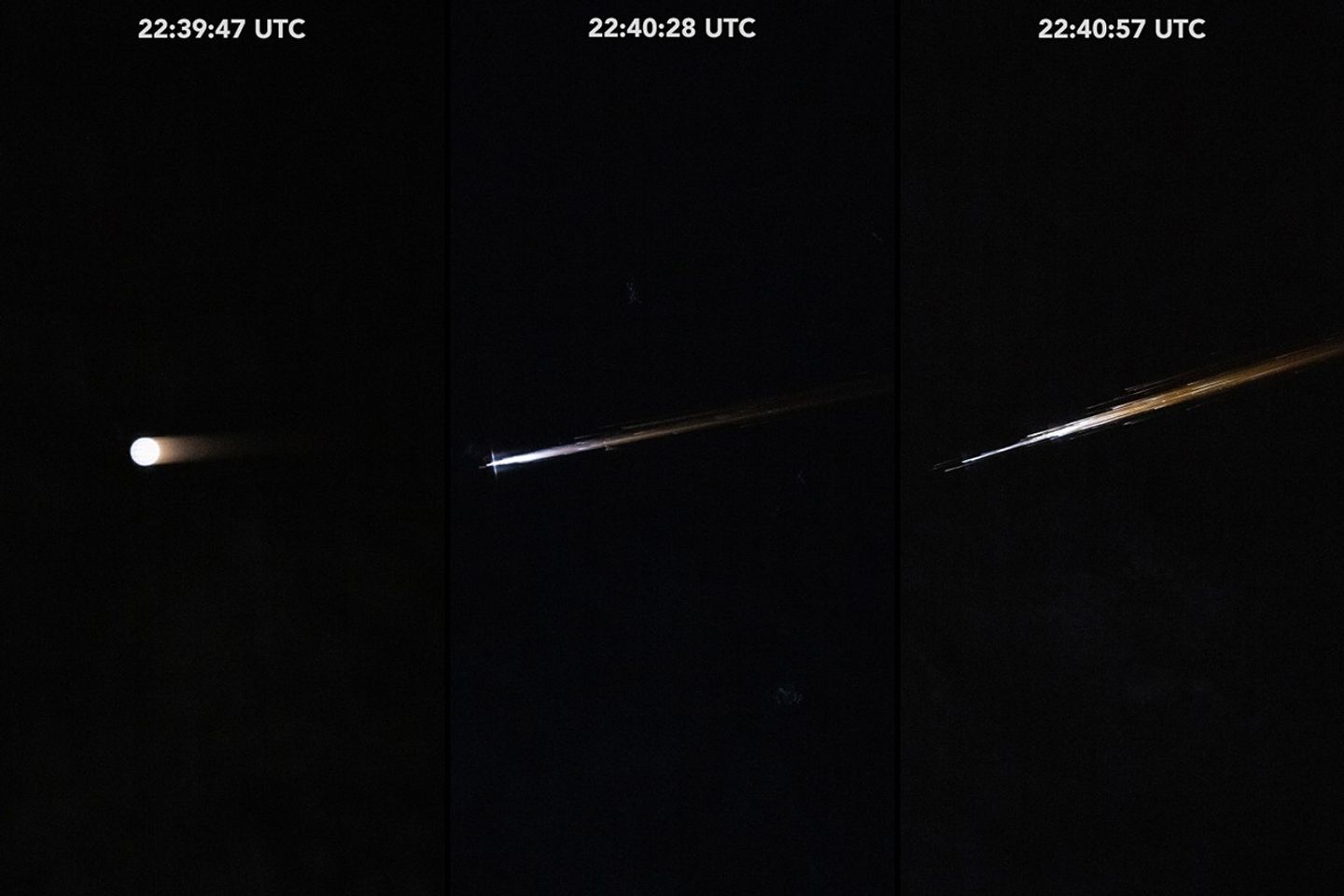 An object in space first appears as a circular point of light (left), develops a longer tail with a white debris field streaking behind (center), and becomes an elongated debris trail that turns orange at its end (right).