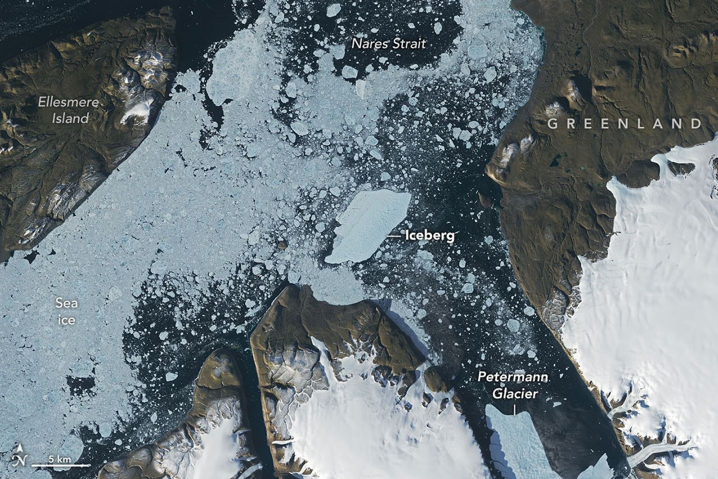 A satellite view shows a large tabular iceberg at the junction of its home fjord and Nares Strait.