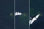 Three panels show the small volcanic island of Home Reef on different dates in December 2025 and January 2026. In each image from left to right, the island appears slightly larger, and plumes of volcanic gases and greenish, discolored water are more pronounced.
