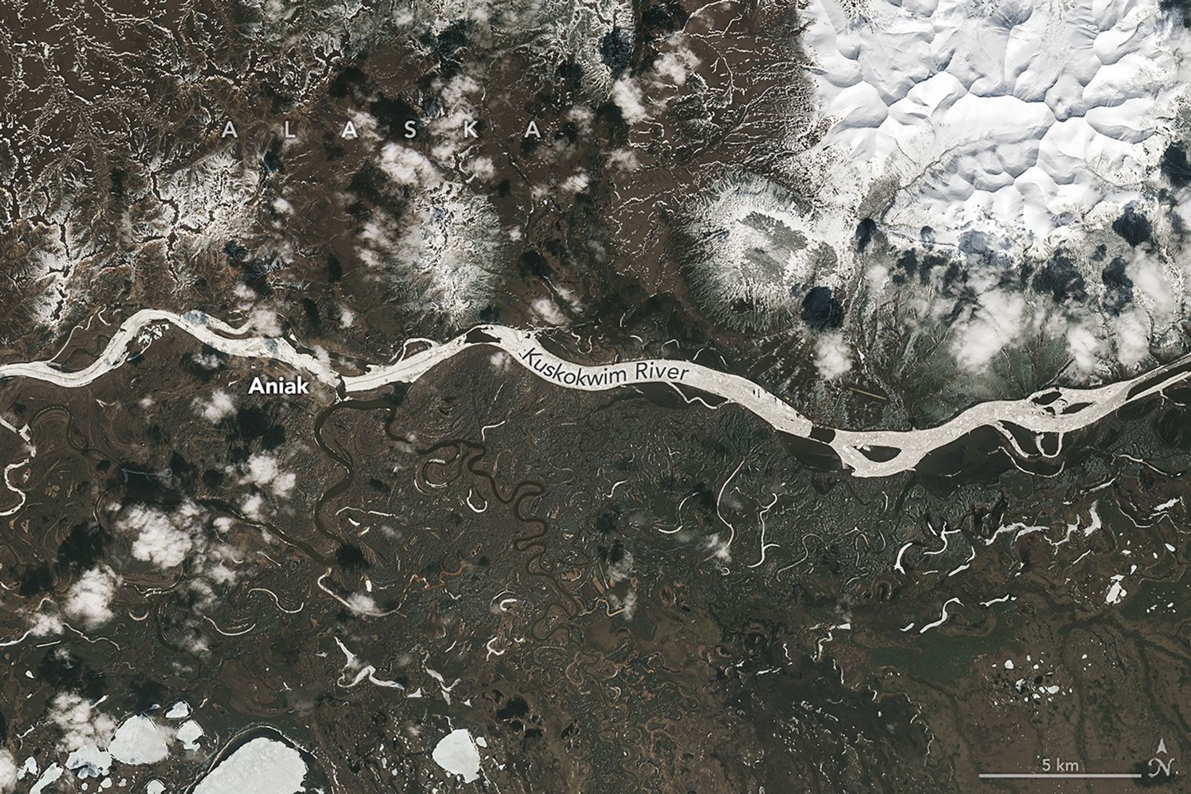 A river winds from east to west past Aniak, Alaska. Some stretches of the wide channel are still frozen over, while others contain broken-up ice. Most of the surrounding land is snow-free.