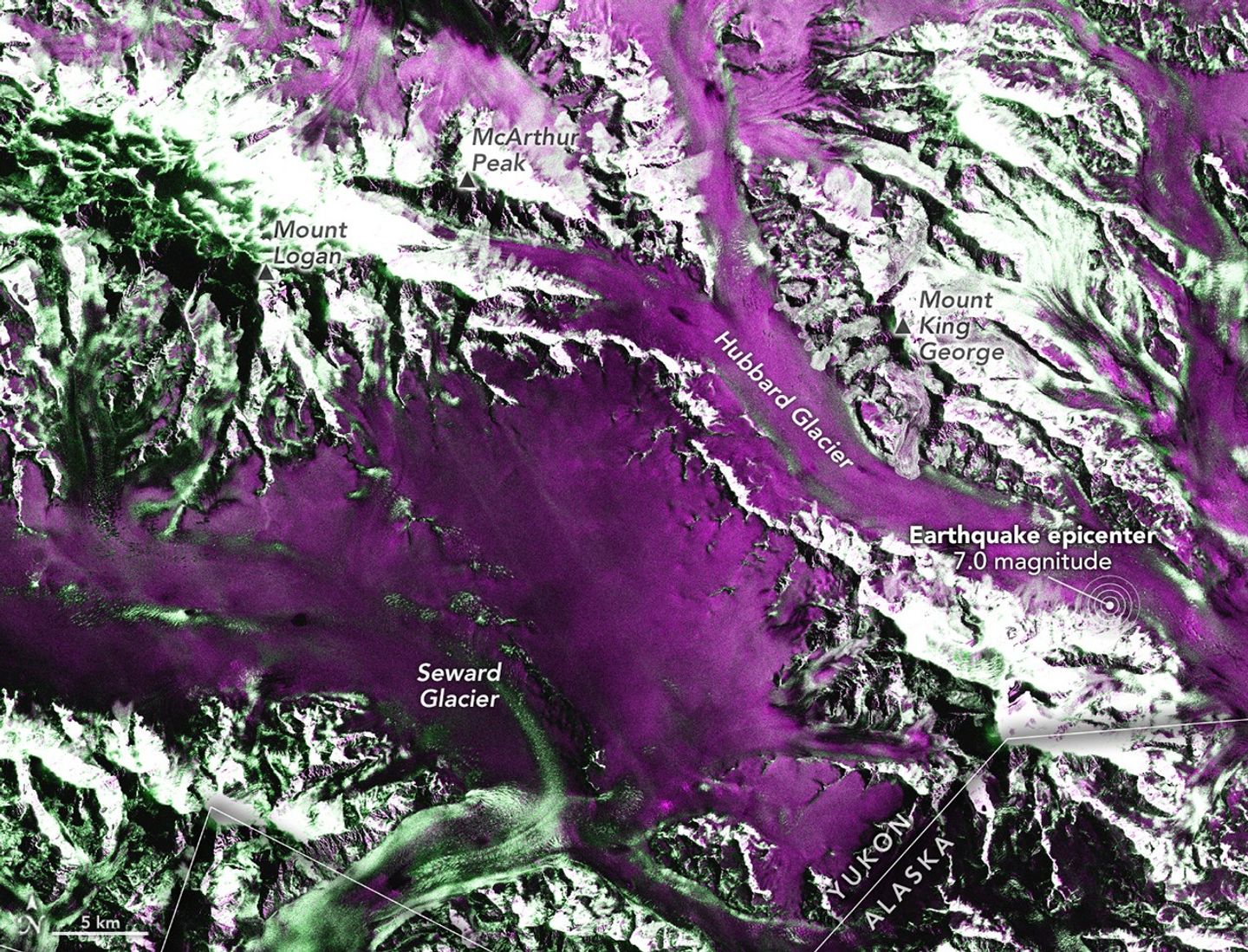False-color radar images show more rough terrain (green) in the St. Elias Mountains near Hubbard Glacier after an earthquake on December 6, 2025, indicating landslides and avalanches.