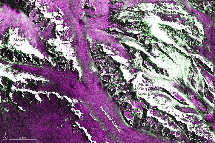 False-color radar images show a detailed view of the area around Mount King George and McArthur Peak, where most of the landslides and avalanches were visible following an earthquake on December 6, 2025.