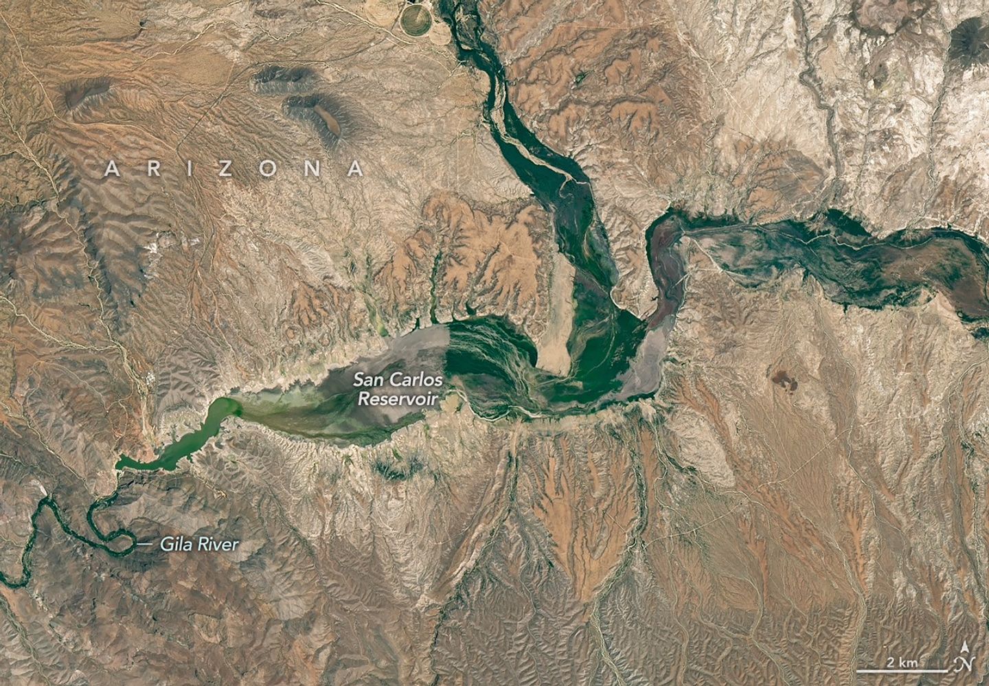 The reservoir is nearly empty by May 2026. The Gila River's natural channel is now visible and flanked with green vegetation in what had been the bottom of the reservoir.