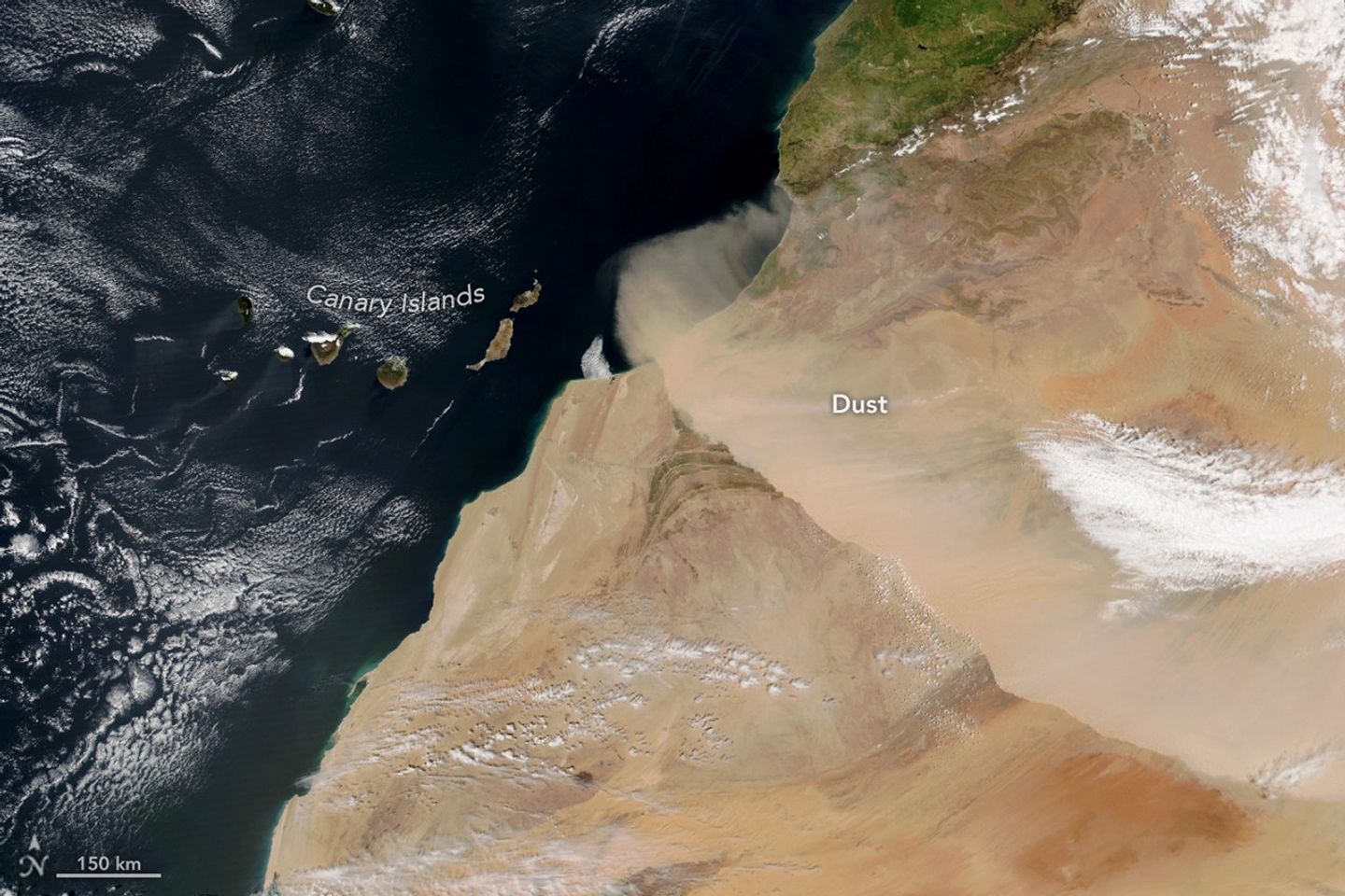 By afternoon, the plume has shifted southwest, partly extending over the Atlantic Ocean.