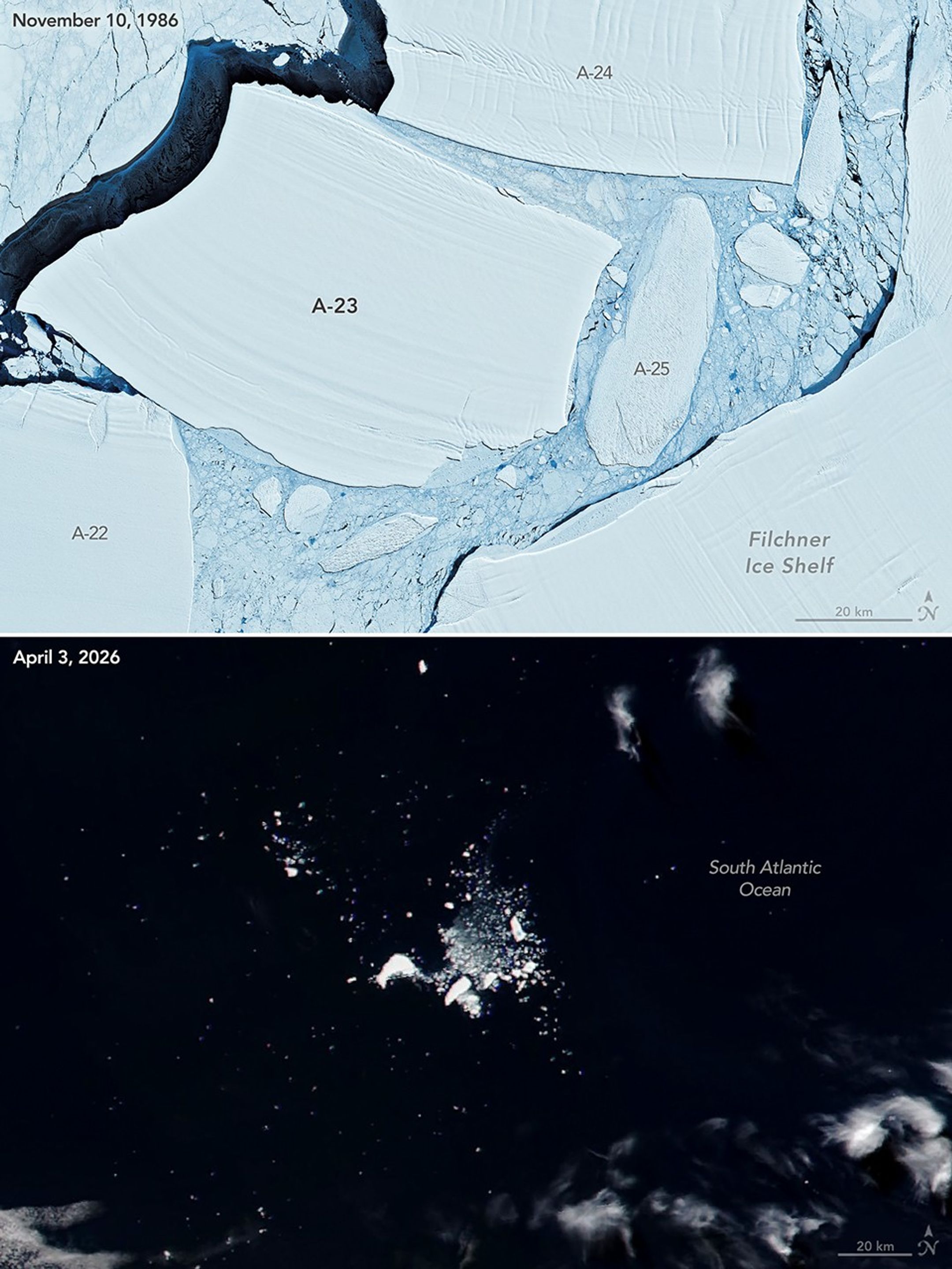 Two stacked images: the top shows a massive, newly formed iceberg near Antarctica; bottom shows the same iceberg 40 years later in the South Atlantic, fragmented into many small pieces.