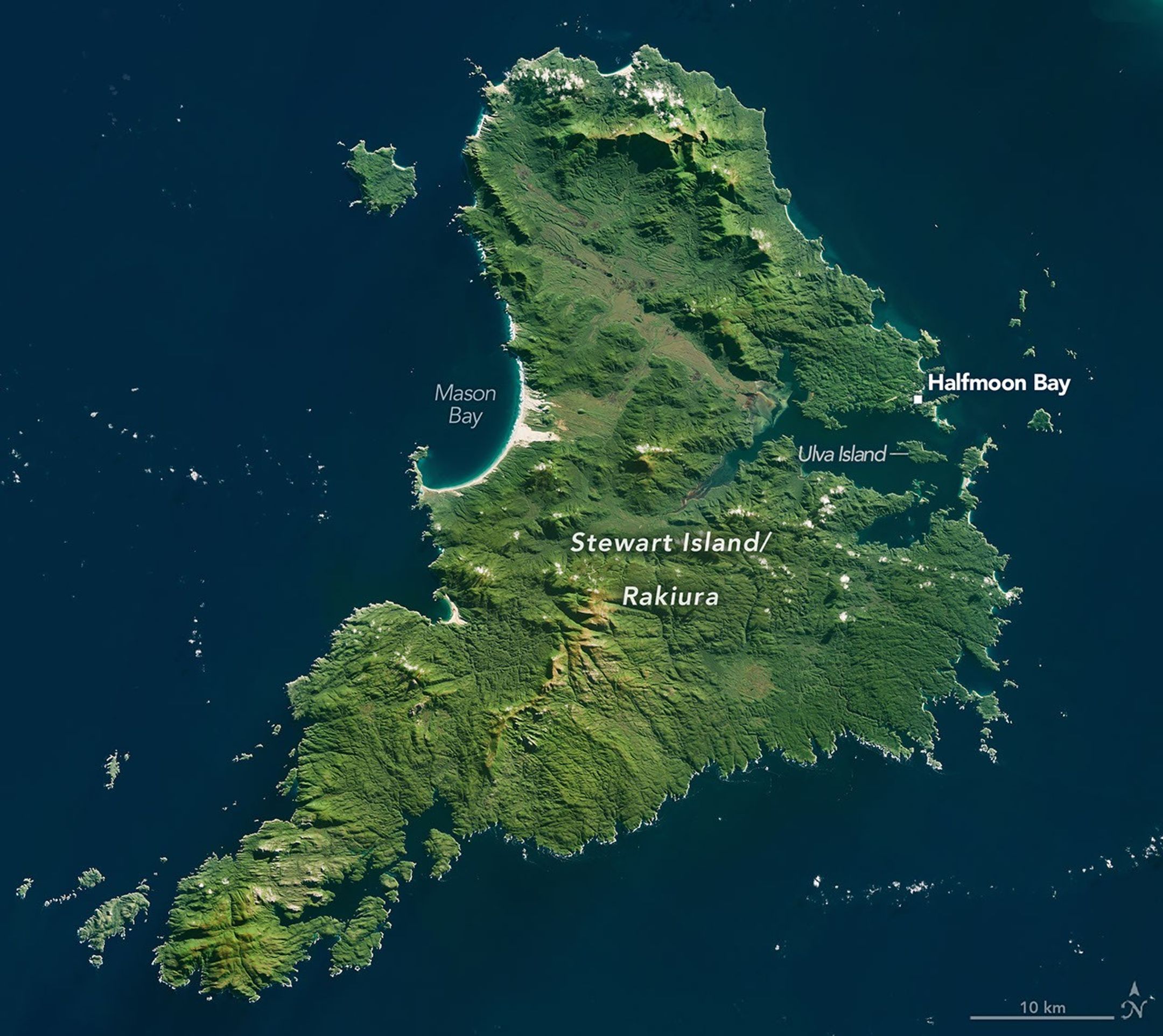 A roughly triangular island is almost entirely covered in green vegetation and has a large inlet on its eastern side.