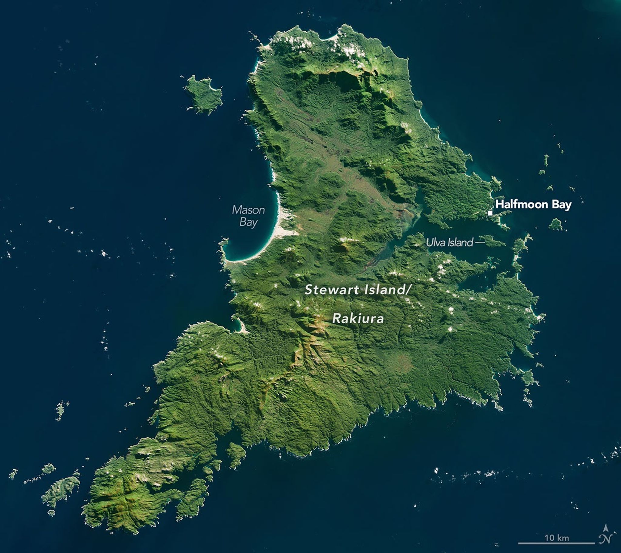 A roughly triangular island is almost entirely covered in green vegetation and has a large inlet on its eastern side.