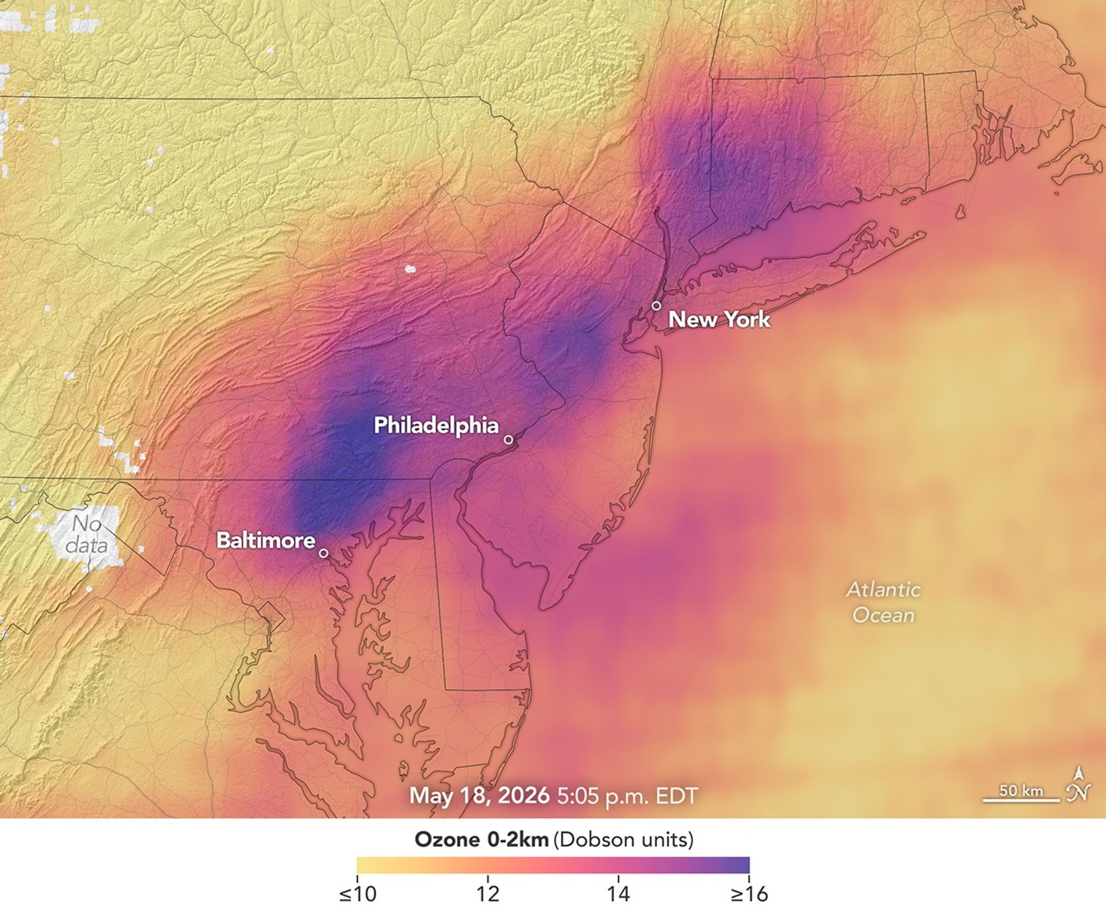 In a map of the eastern U.S., elevated ozone concentrations appear as a purple patch in an area extending from New York City to Washington, D.C.