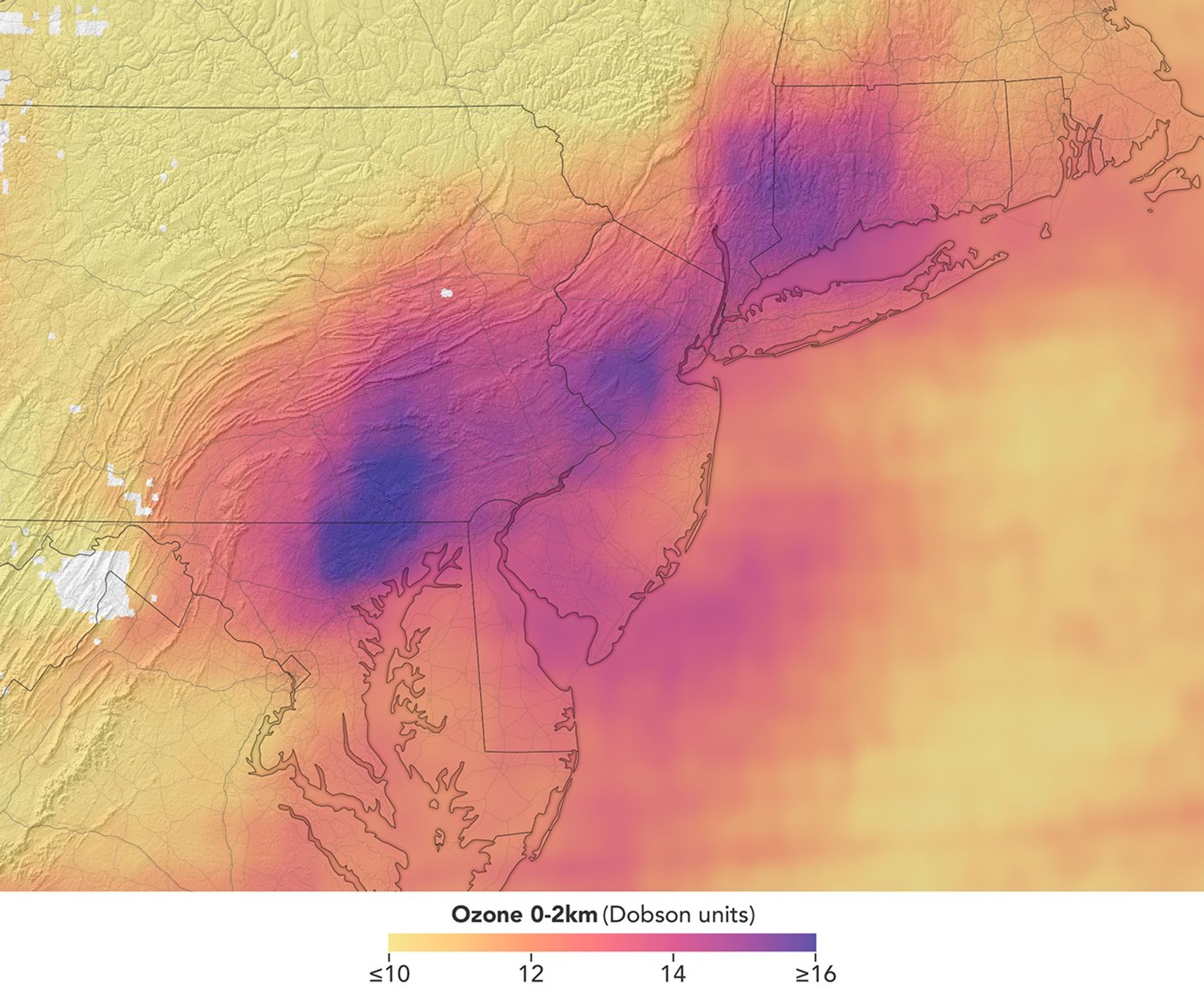 In a map of the eastern U.S., elevated ozone concentrations appear as a purple patch in an area extending from New York City to Washington, D.C.