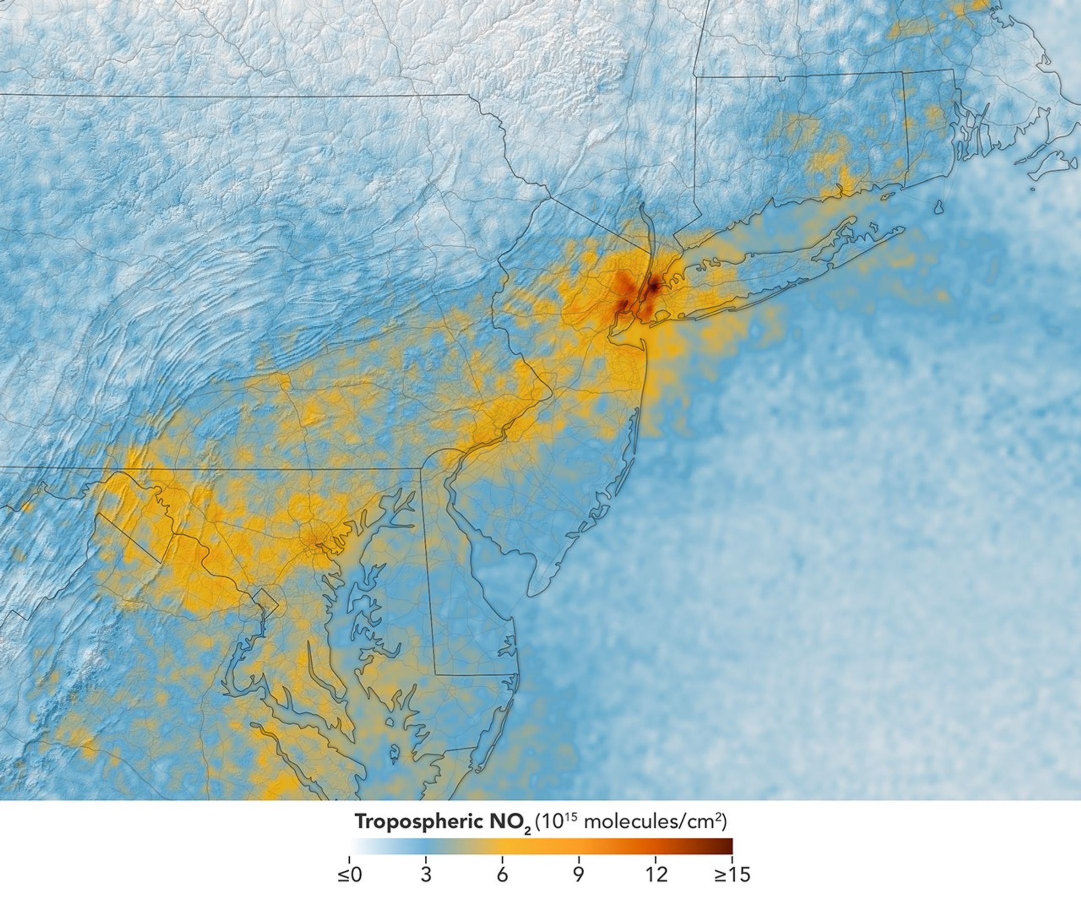 A map of morning nitrogen dioxide shows elevated concentrations of the gas over a region stretching from New York City to Washington, D.C., at 7:05 a.m. on May 18, 2026. A second map of the same area shows much lower concentrations that afternoon.