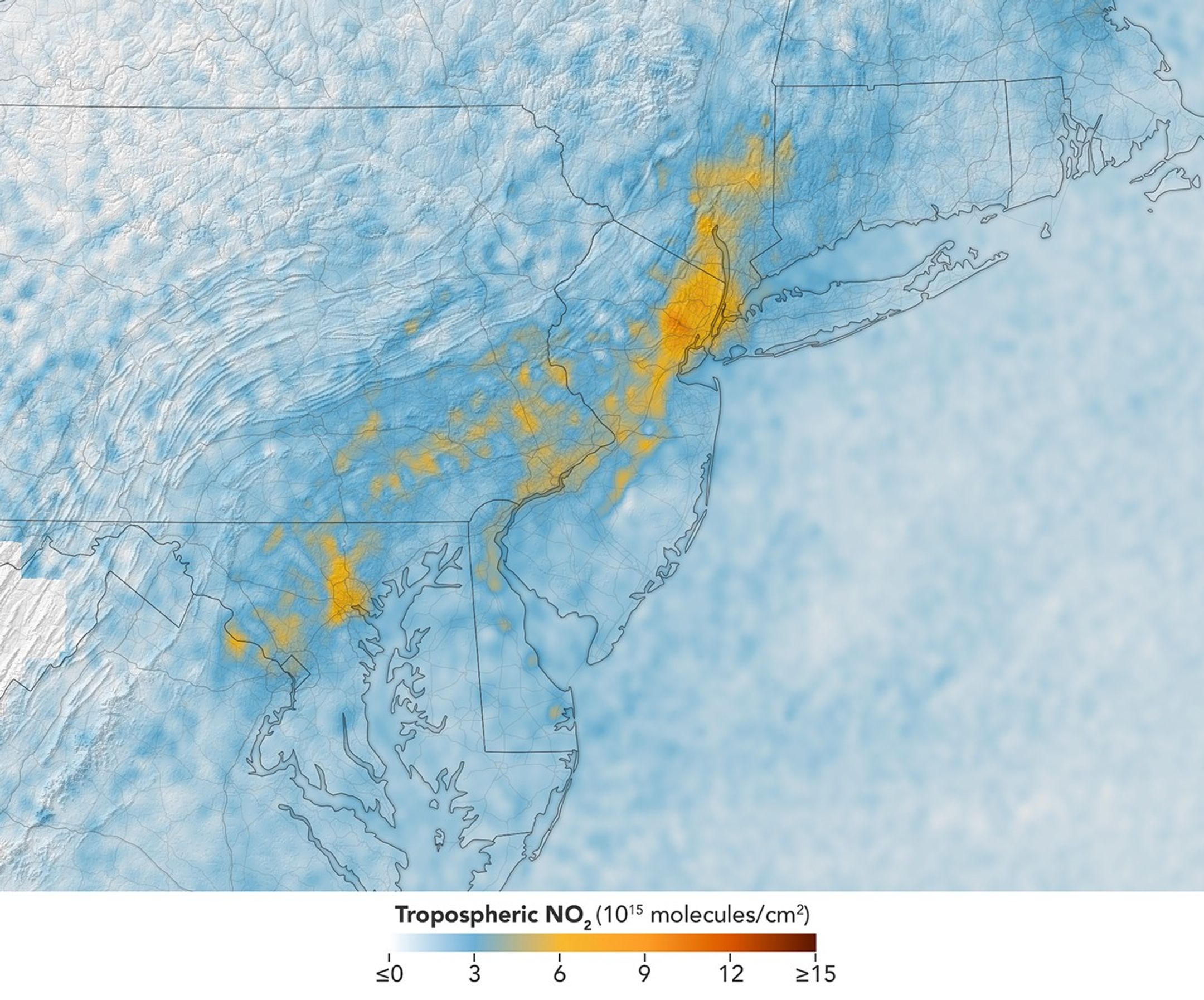 A map of morning nitrogen dioxide shows elevated concentrations of the gas over a region stretching from New York City to Washington, D.C., at 7:05 a.m. on May 18, 2026. A second map of the same area shows much lower concentrations that afternoon.