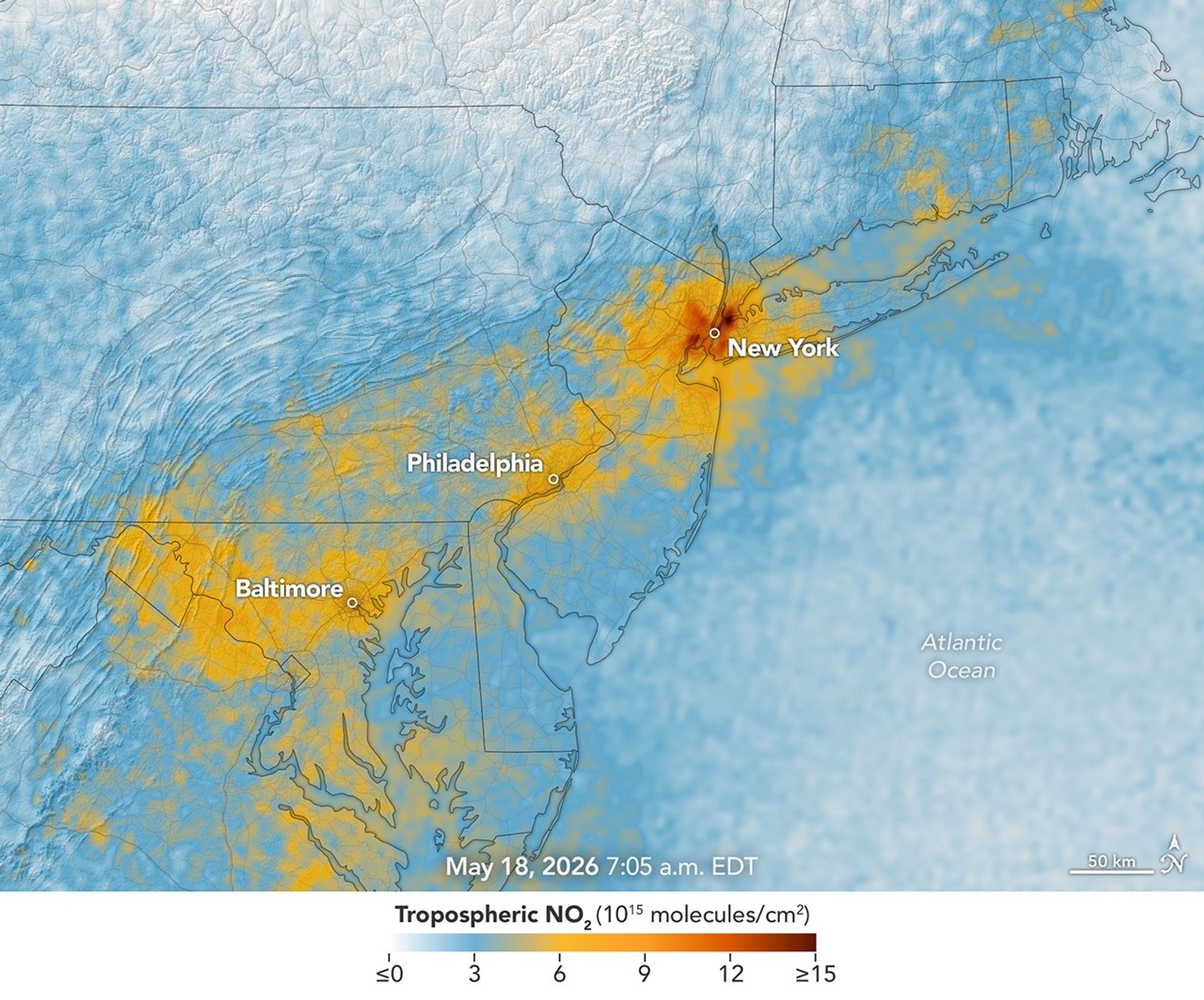 A map of morning nitrogen dioxide shows elevated concentrations of the gas over a region stretching from New York City to Washington, D.C., at 7:05 a.m. on May 18, 2026. A second map of the same area shows much lower concentrations that afternoon.