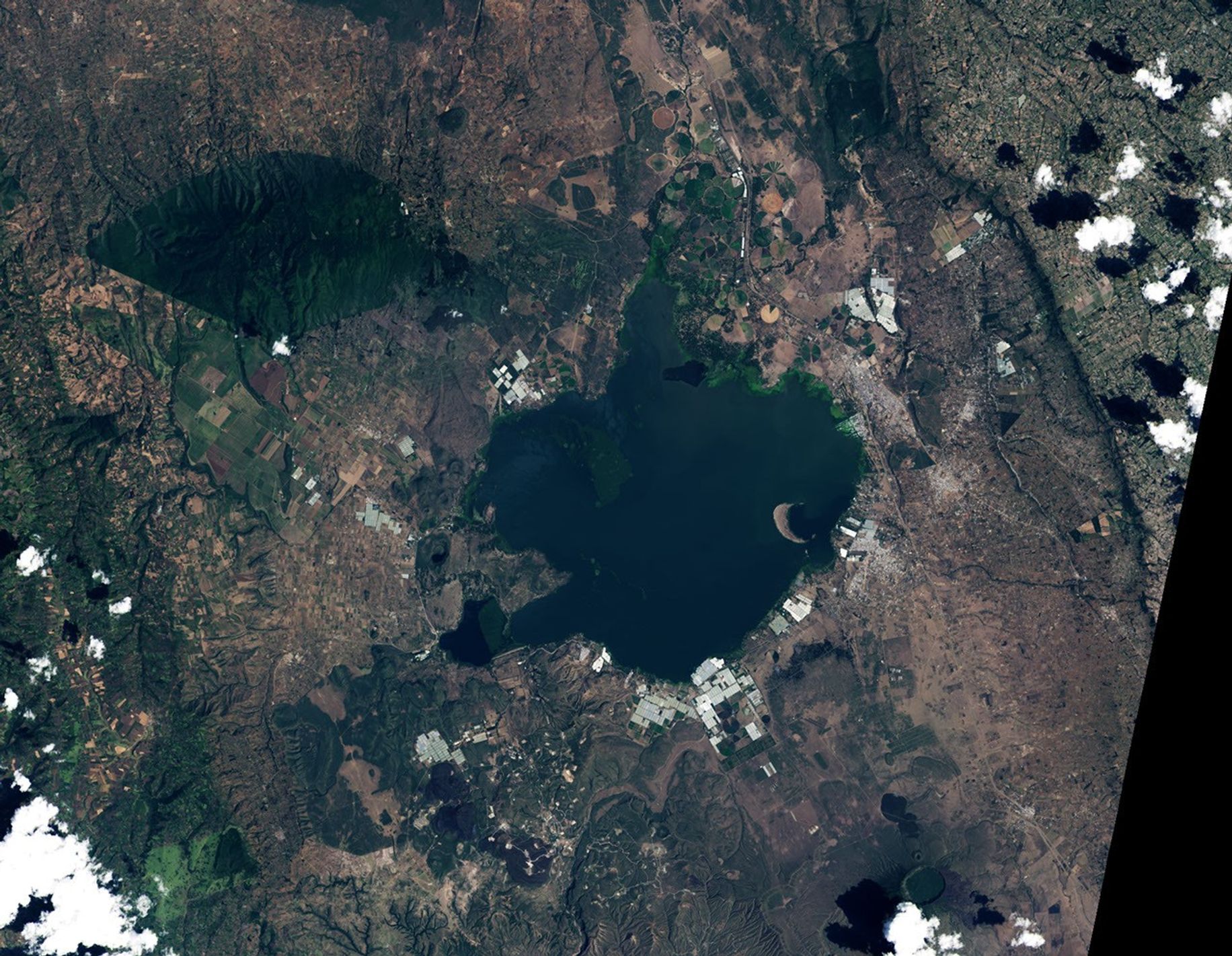The second image in the pair shows significant encroachment of water on communities, farmland, greenhouses, and infrastructure surrounding the lake by 2026. This image also shows significantly more green mats of water hyacinth in the northern part of the lake.