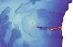 Thermal image of Piton de la Fournaise showing a bright lava flow on the southeastern flank contrasted with cooler vegetation and rock.