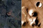 A closer view shows Sunset Crater, a scoria cone on Earth, (left) and an unnamed scoria cone on Mars (right) with textured lava flows around it. A road is visible winding around Sunset Crater. The scoria cone on Mars is a few kilometers wider than the analogous cone on Earth.