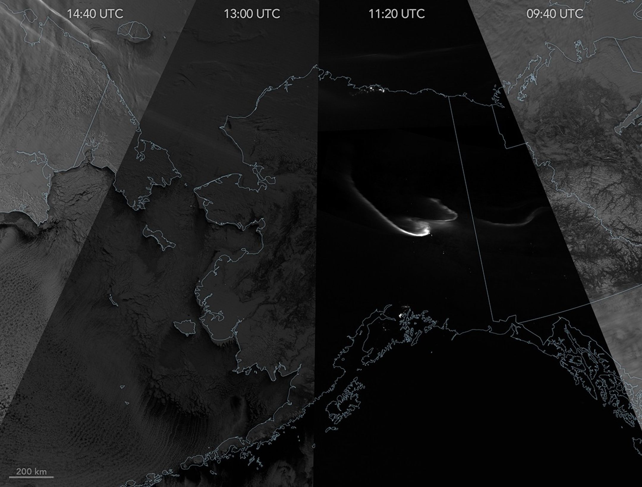 A grayscale composite satellite image centered on Alaska shows observations at several times during a total lunar eclipse. Snow, ice, and clouds appear bright in swaths acquired before and after the eclipse and darker gray in the partial phase. The scene during the total phase is mostly black.