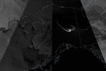 A grayscale composite satellite image centered on Alaska shows observations at several times during a total lunar eclipse. Snow, ice, and clouds appear bright in swaths acquired before and after the eclipse and darker gray in the partial phase. The scene during the total phase is mostly black.