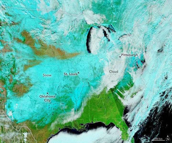 In this false-color satellite image, snow appears blue and covers much of the central, Midwest, and northeast United States. White clouds appear over parts of northeastern states, and the southeast is green with vegetation.
