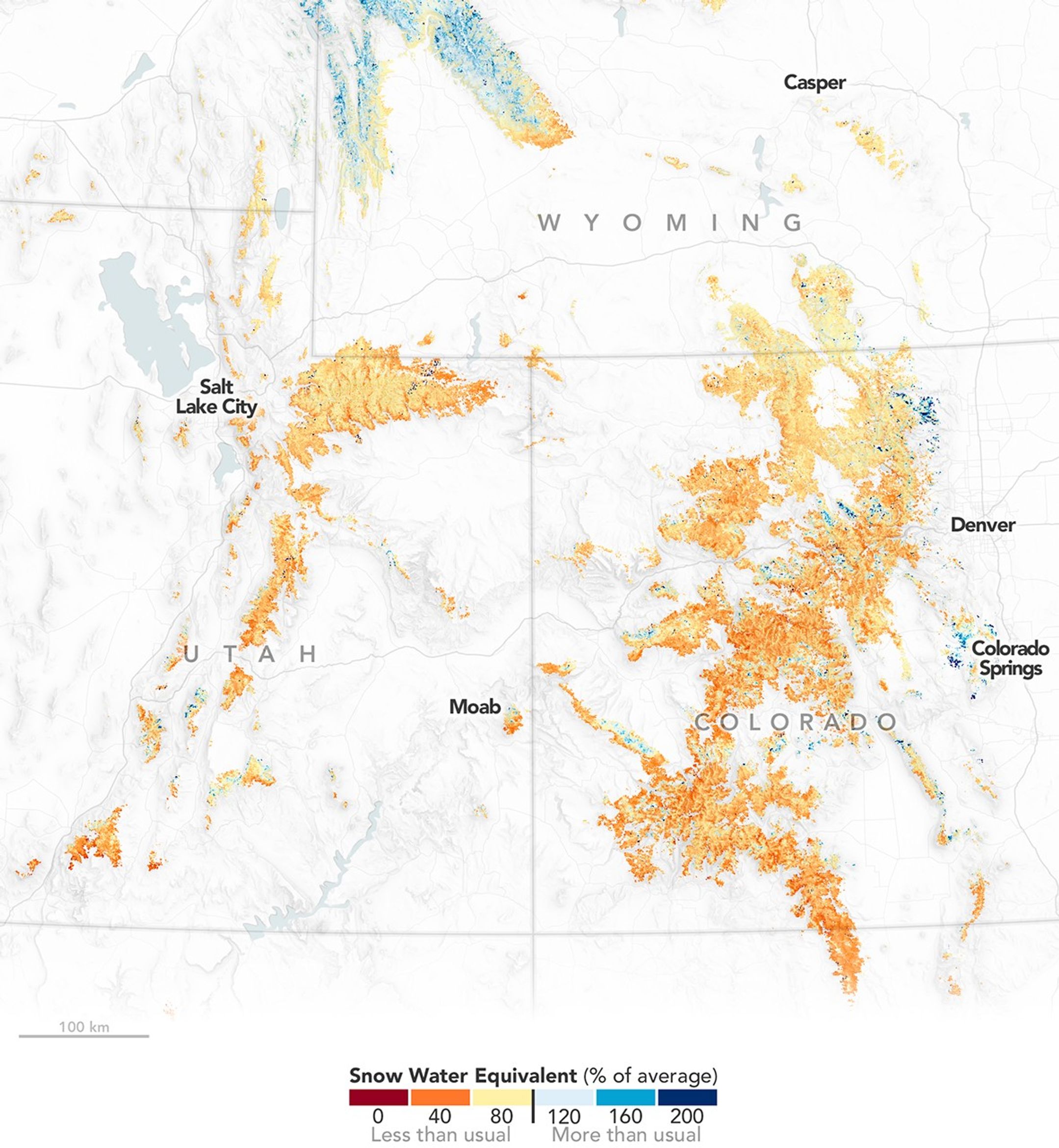 A map depicts below-average snow water equivalent amounts in most mountainous areas of the Upper Colorado Basin.