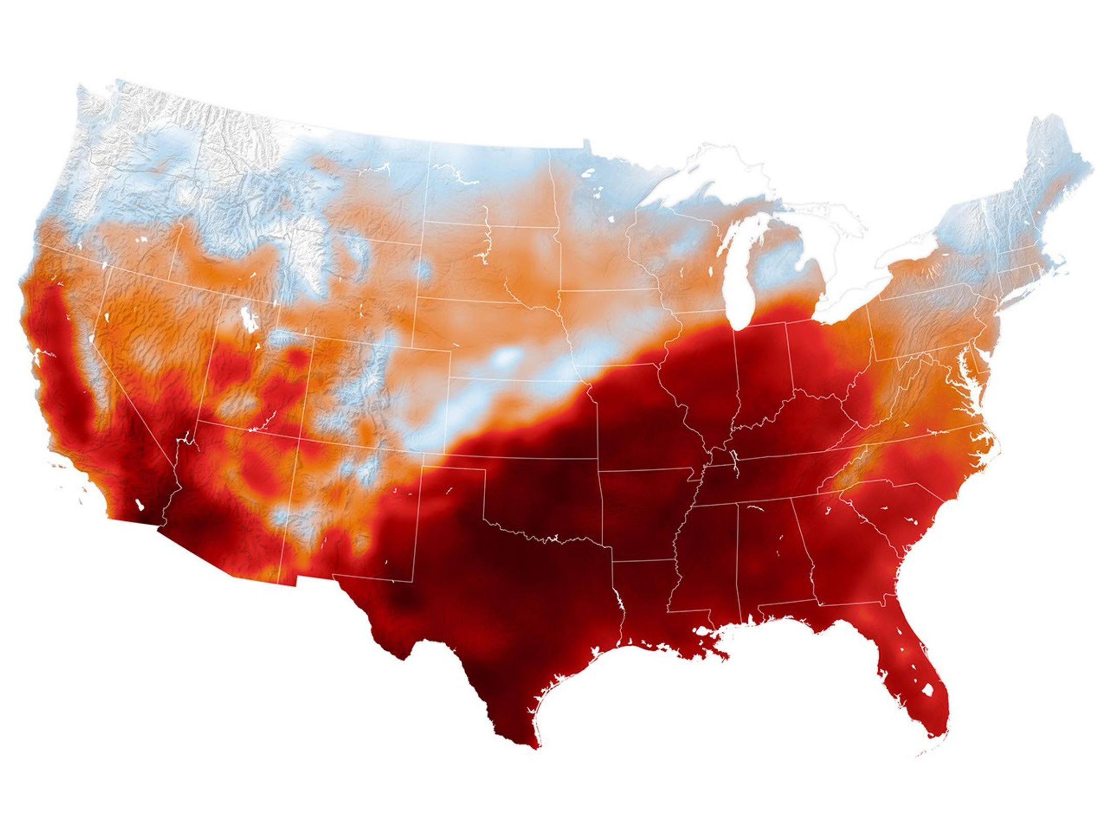 Air temperatures in the United States are depicted in white to light blue (cooler) and orange to red (warmer). An area of red, indicating temperatures around 100 degrees Fahrenheit, covers Texas and several states to the east and northeast.