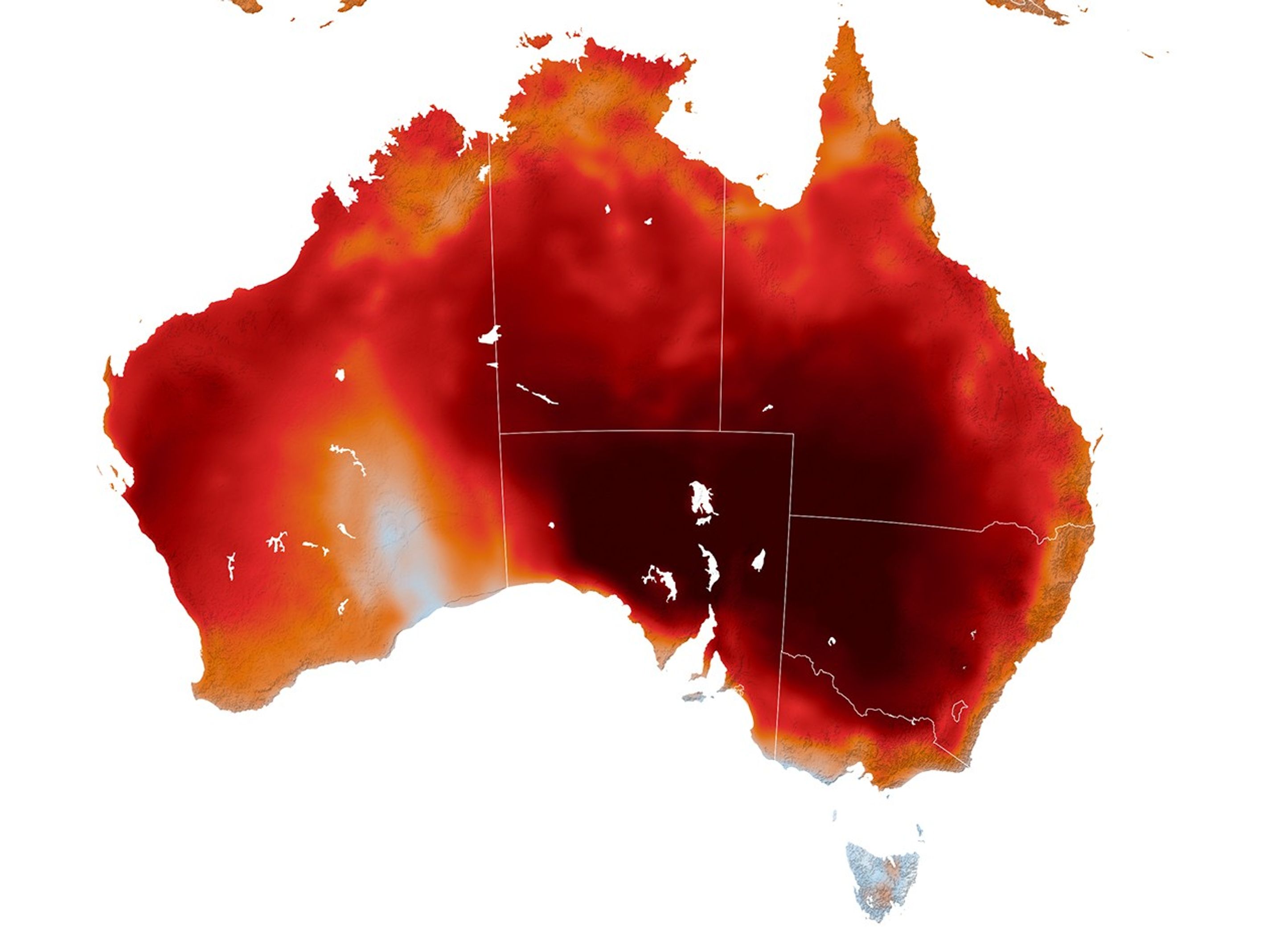 A map of Australia depicts near-surface air temperatures, where most of the country is warm, shown as orange to red. Extreme heat is concentrated over the southeast, and a small cooler blue area appears in Western Australia.