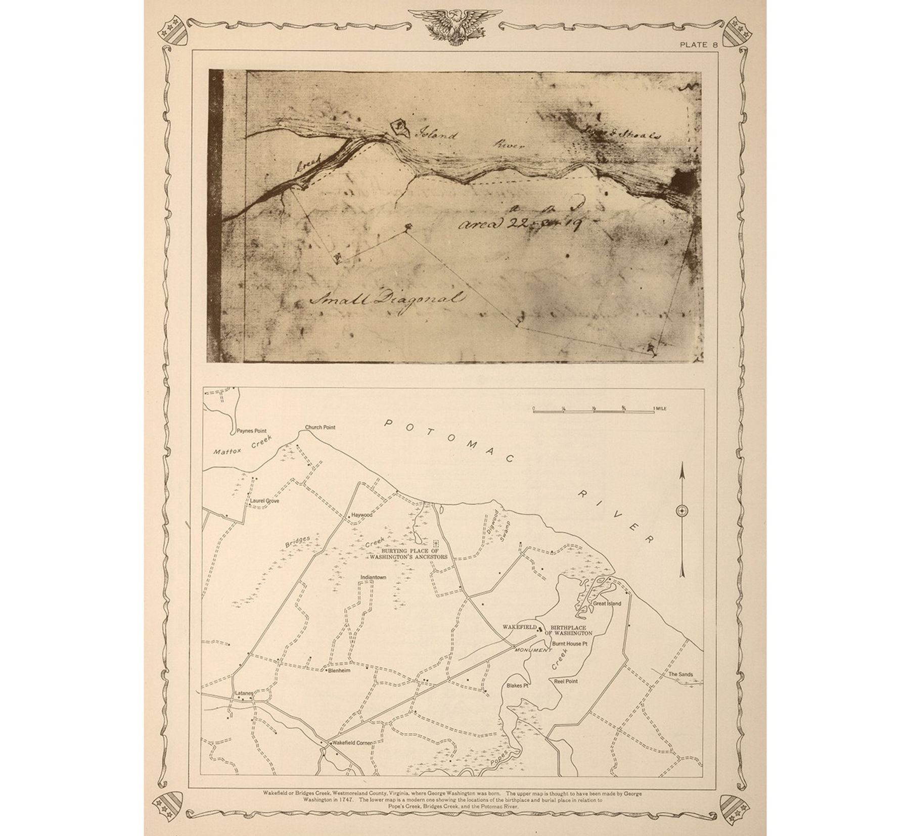 A photo features two maps that illustrate the birthplace of George Washington in Westmoreland County, Virginia. The upper map is believed to have been created by Washington himself in 1747. The lower map is a modern rendition. Both maps show significant geographic features such as Popes Creek and Bridges Creek.