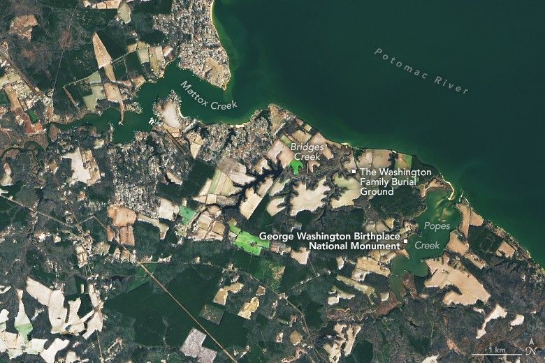 A satellite image centered on the area George Washington was born features a dusting of white snow on farmland, shallow tidal streams along the Potomac River, and green patches of forest.