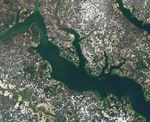 A satellite image centered on the area George Washington was born features a dusting of white snow on farmland, shallow tidal streams along the Potomac River, and green patches of forest.
