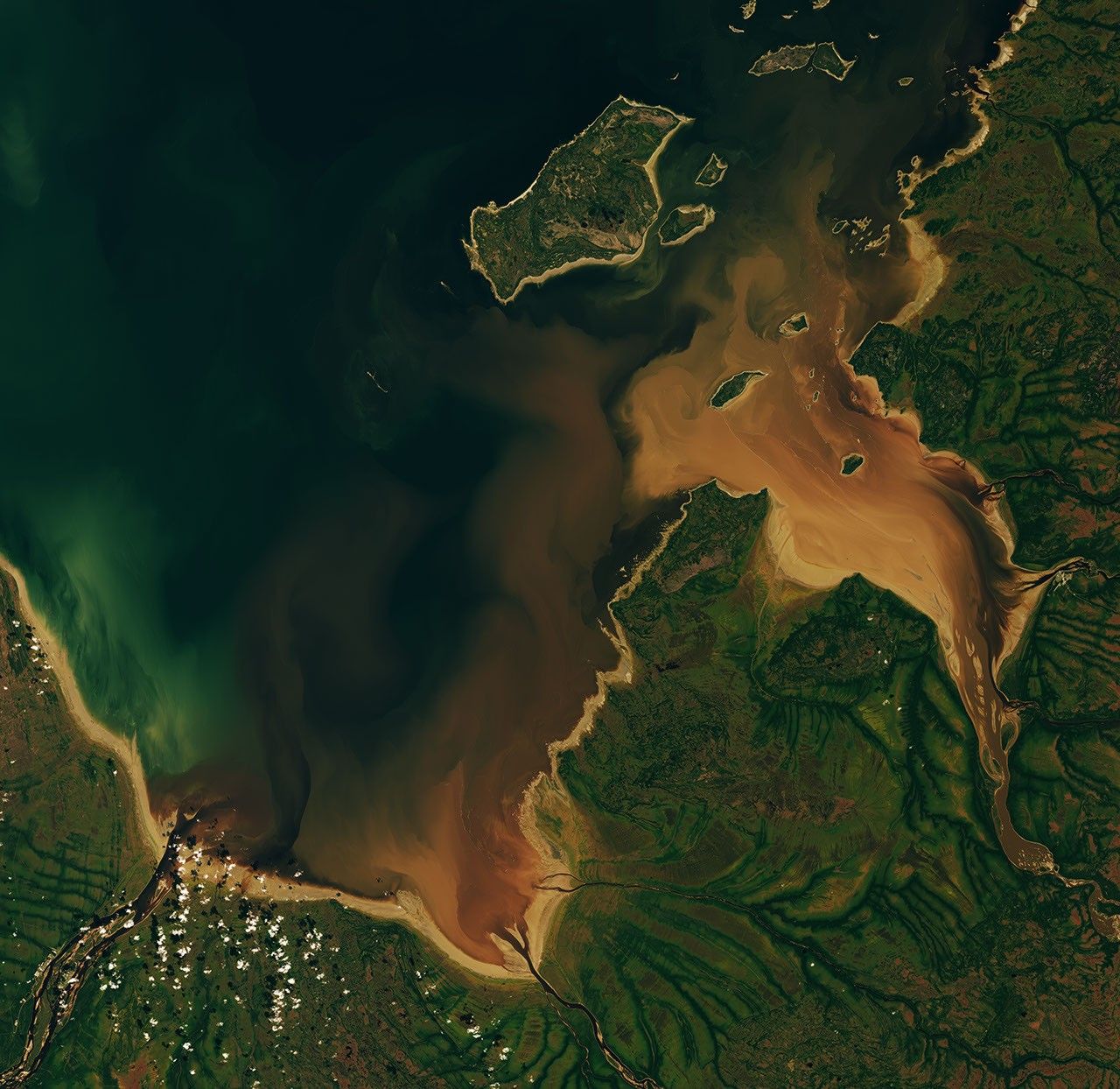 Dark brown water from the Nottaway, Harricanaw, and Moose rivers swirls into dark blue bay waters and mingles with plumes of lighter brown suspended sediment. Charlton Island and the much smaller Stag Rock are visible close to the shoreline.