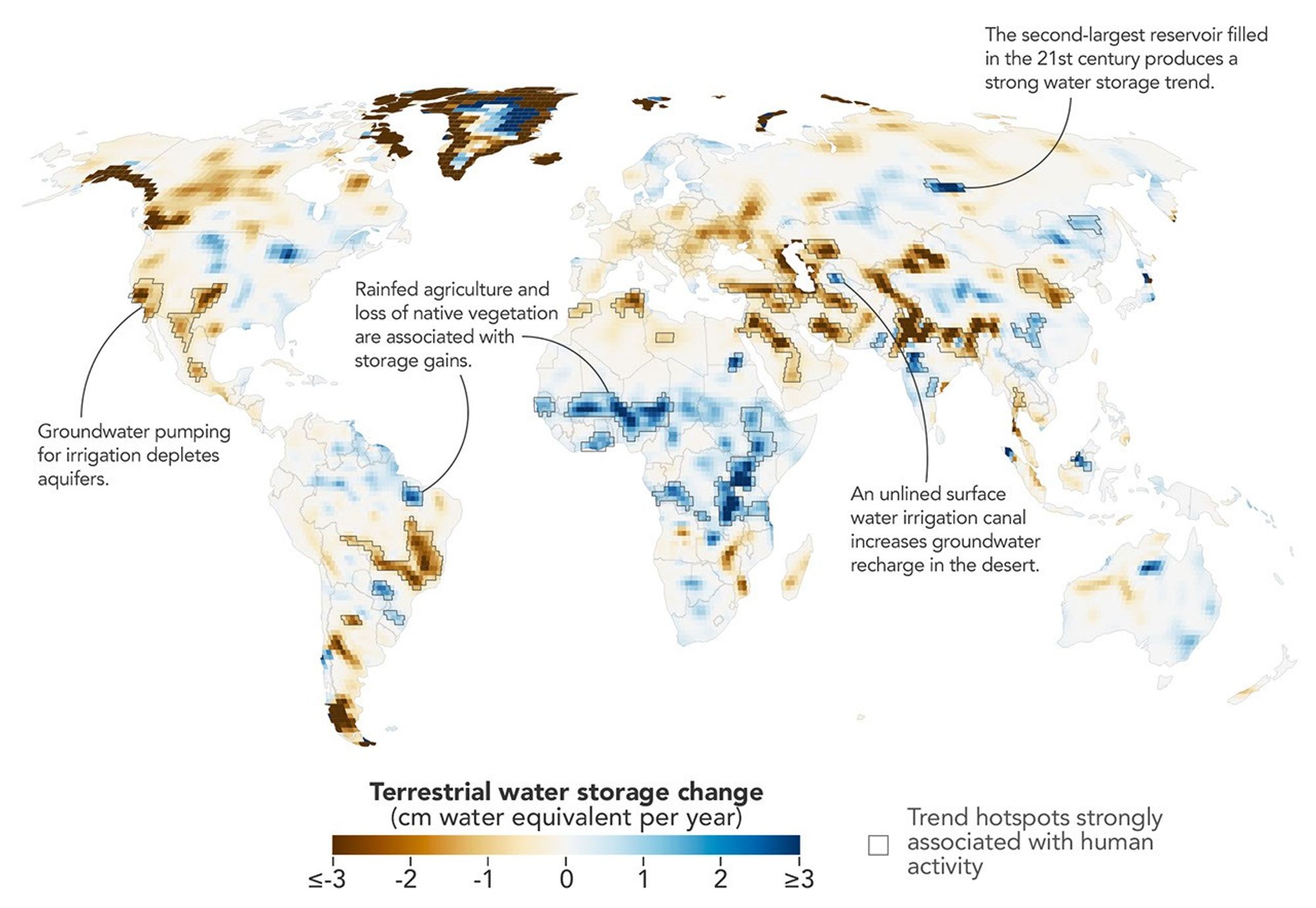 A global map depicts trends of terrestrial water storage over more than two decades, with increases shown in shades of blue and declines in orange and brown.