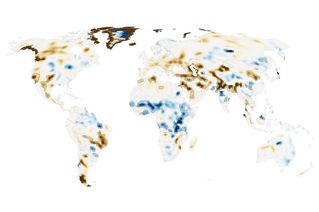 A global map depicts trends of terrestrial water storage over more than two decades, with increases shown in shades of blue and declines in orange and brown.