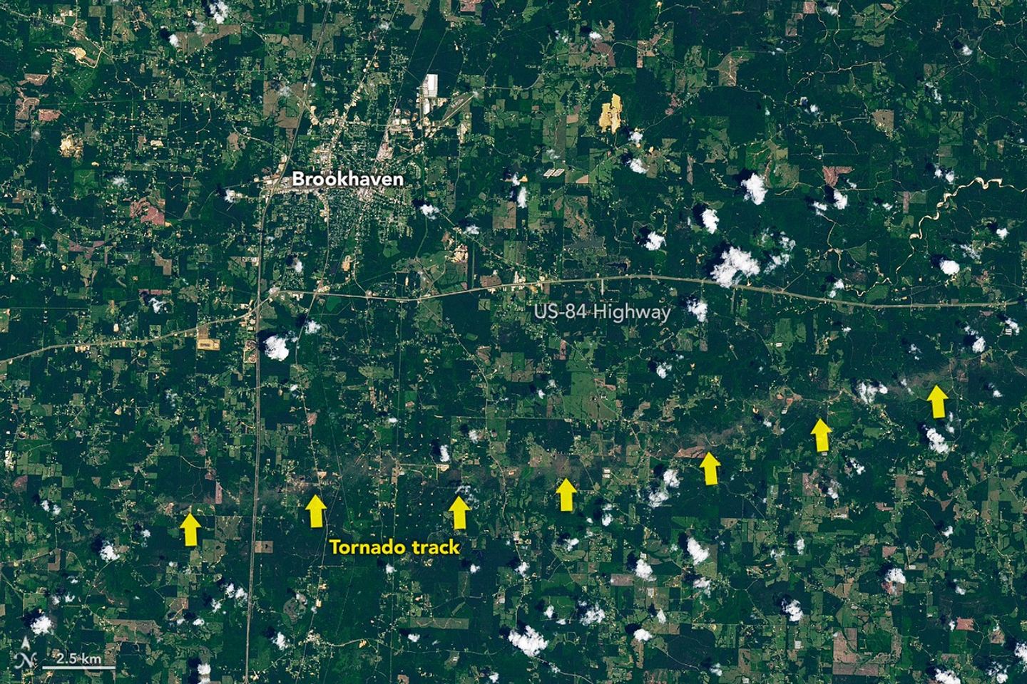 A tan line of tornado-damaged vegetation runs from left to right across the mostly green landscape south of Brookhaven, Mississippi.