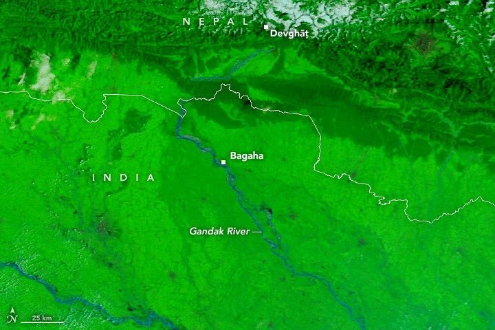 A false-color satellite image shows the Gandak River before the flooding on September 20, 2026.