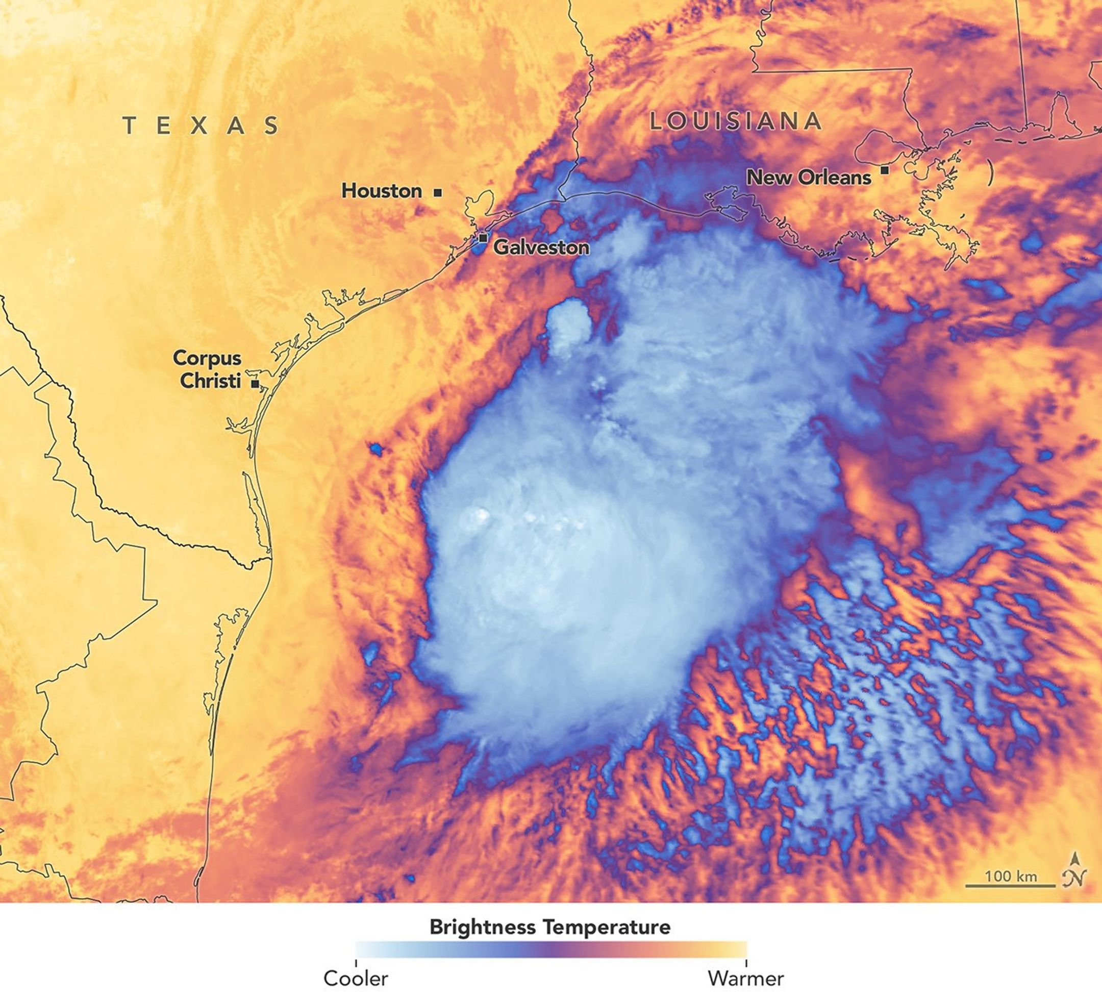 White and purple areas of cloud off the Gulf Coast indicate the cooler areas of cloud tops associated with Tropical Storm Arthur.