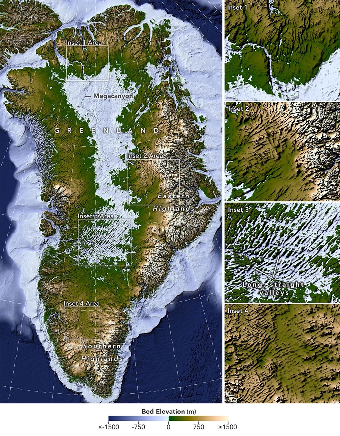 A large map on the left shows Greenland’s bedrock topography that lies below the ice sheet. A column of smaller maps on the right zooms in on several features, including long, straight valleys on the west-central part of the island. Other insets show a megacanyon, as well as valleys radiating outward from the highlands.