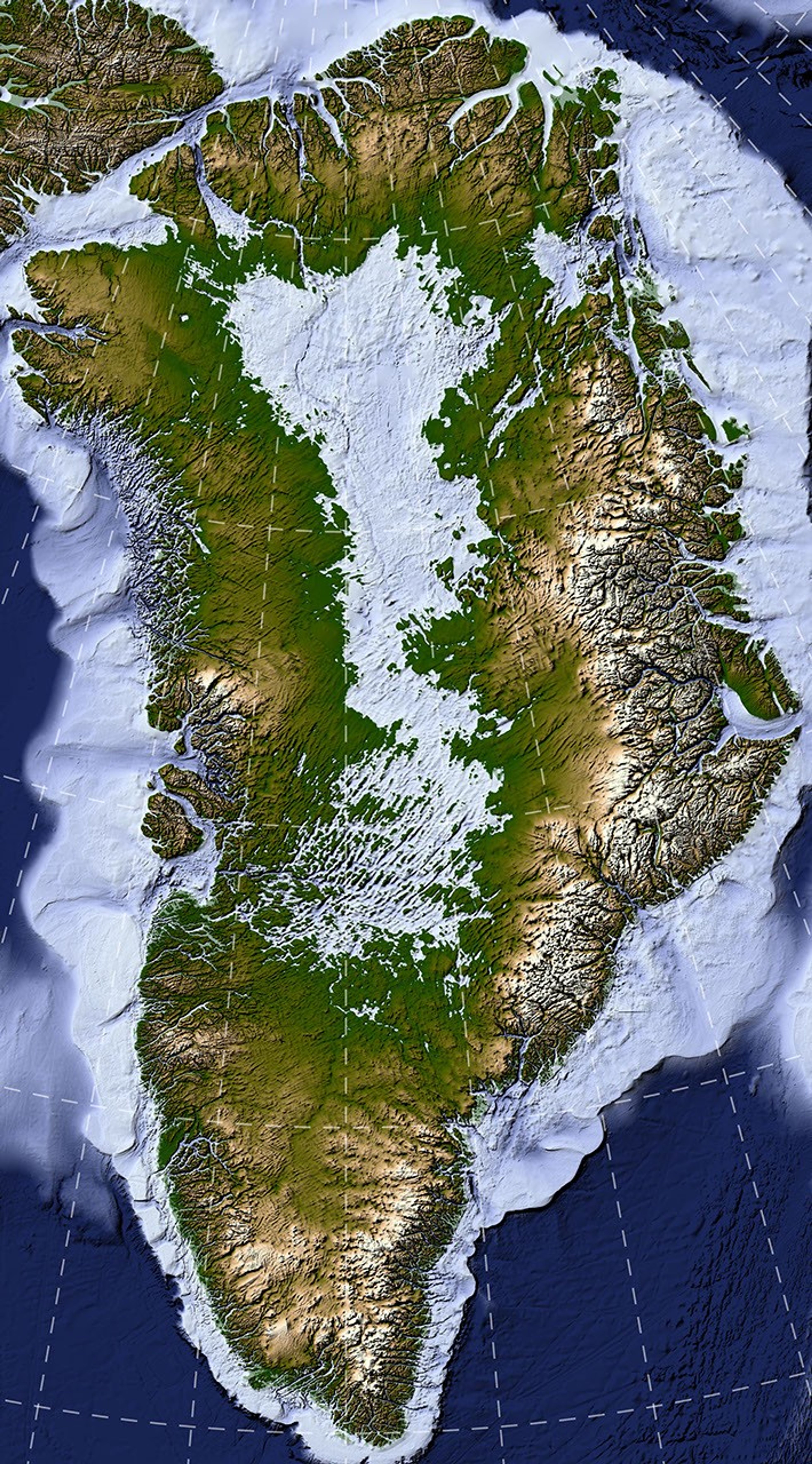 A large map on the left shows Greenland’s bedrock topography that lies below the ice sheet. A column of smaller maps on the right zooms in on several features, including long, straight valleys on the west-central part of the island. Other insets show a megacanyon, as well as valleys radiating outward from the highlands.