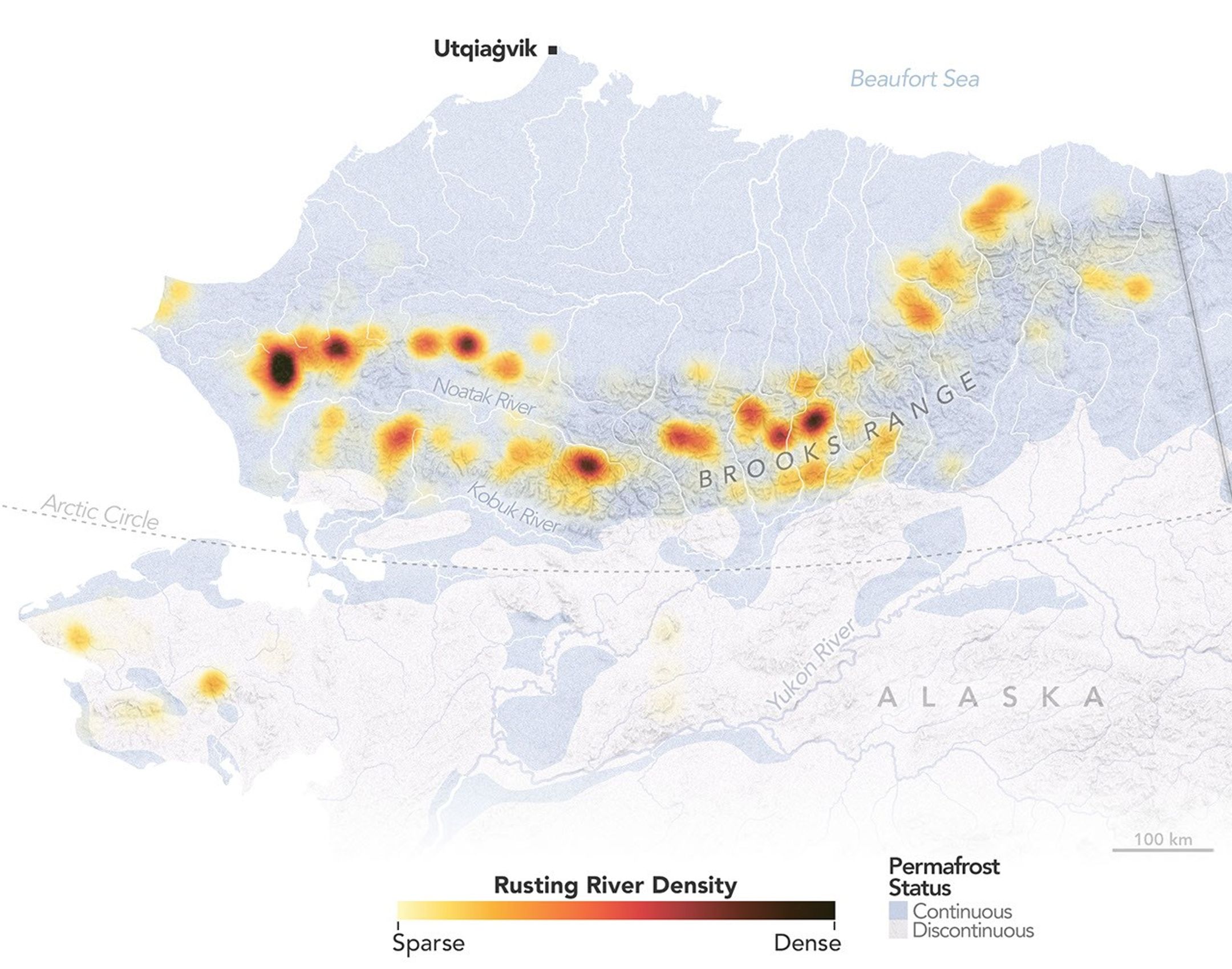 A map of Alaska shows rusting river locations, with red colors indicating higher density. Most have been observed in the Brooks Range, stretching east-west across northern Alaska.
