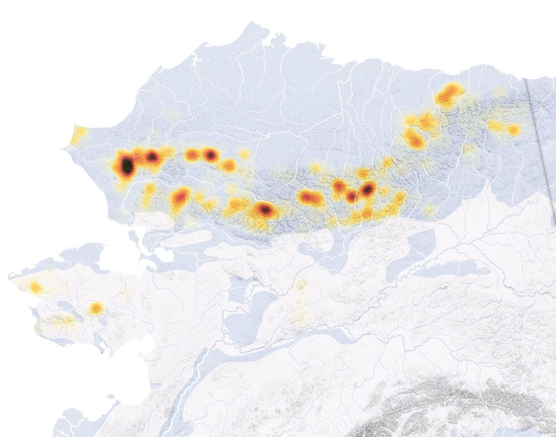 A map of Alaska shows rusting river locations, with red colors indicating higher density. Most have been observed in the Brooks Range, stretching east-west across northern Alaska.