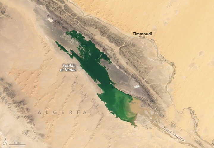 A washed out basin of gray land is surrounded by light beige yellow sand. The basin is about one third filled with green water labeled Sebka el Mehah. 