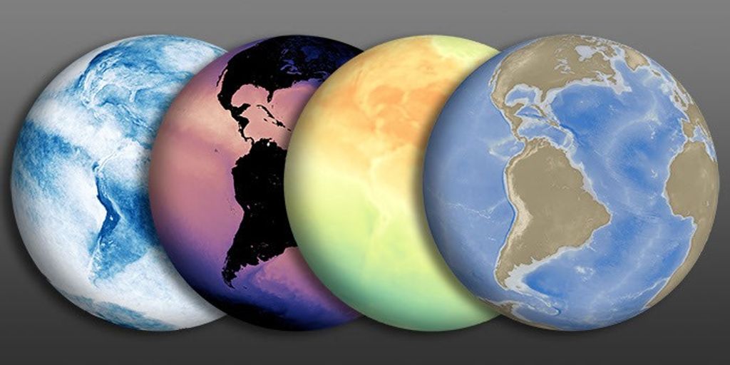 An images showing 4 round hemispheres of Earth, each showing a different map of data.