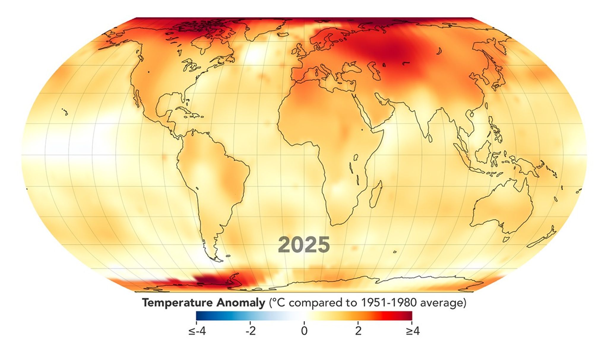Temperature anomalies for 2025 are shown on a global map. Most of the map is yellow, orange, or red, indicating temperature anomalies above the 1951 to 1980 base period.