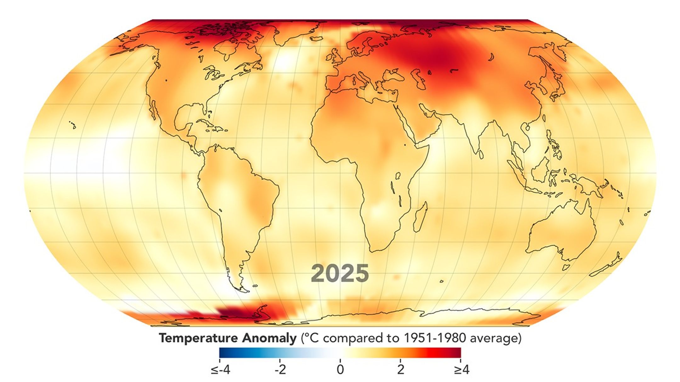Temperature anomalies for 2025 are shown on a global map. Most of the map is yellow, orange, or red, indicating temperature anomalies above the 1951 to 1980 base period.