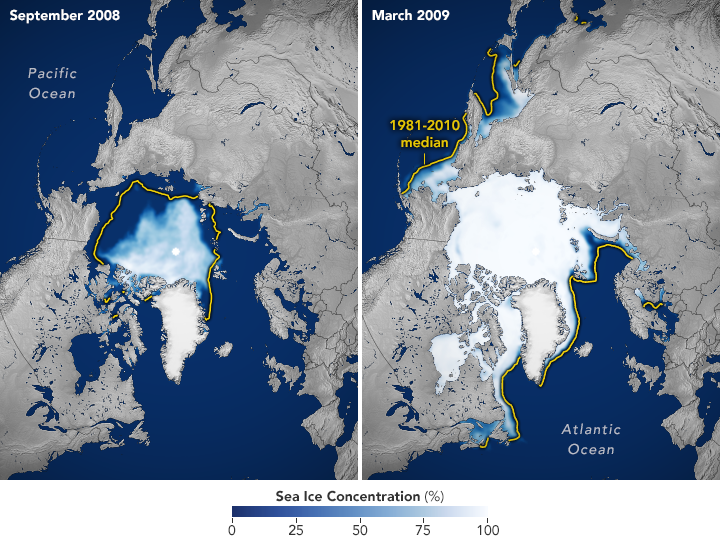 Arctic Sea Ice image pair showing 2008-2009