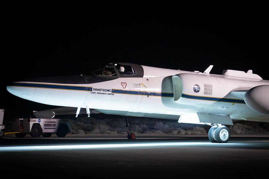 An aircraft is ready for a night flight.