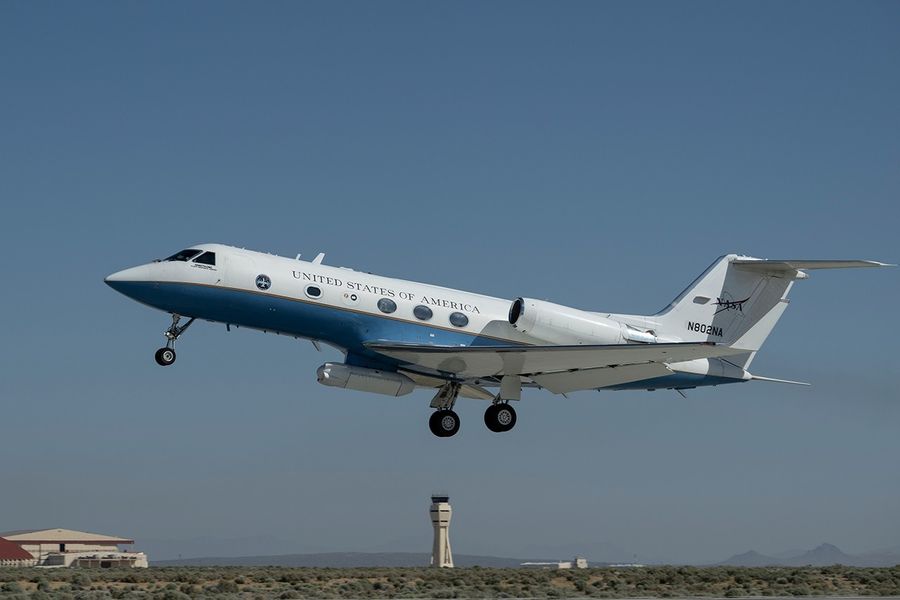 An aircraft takes off for a mission.