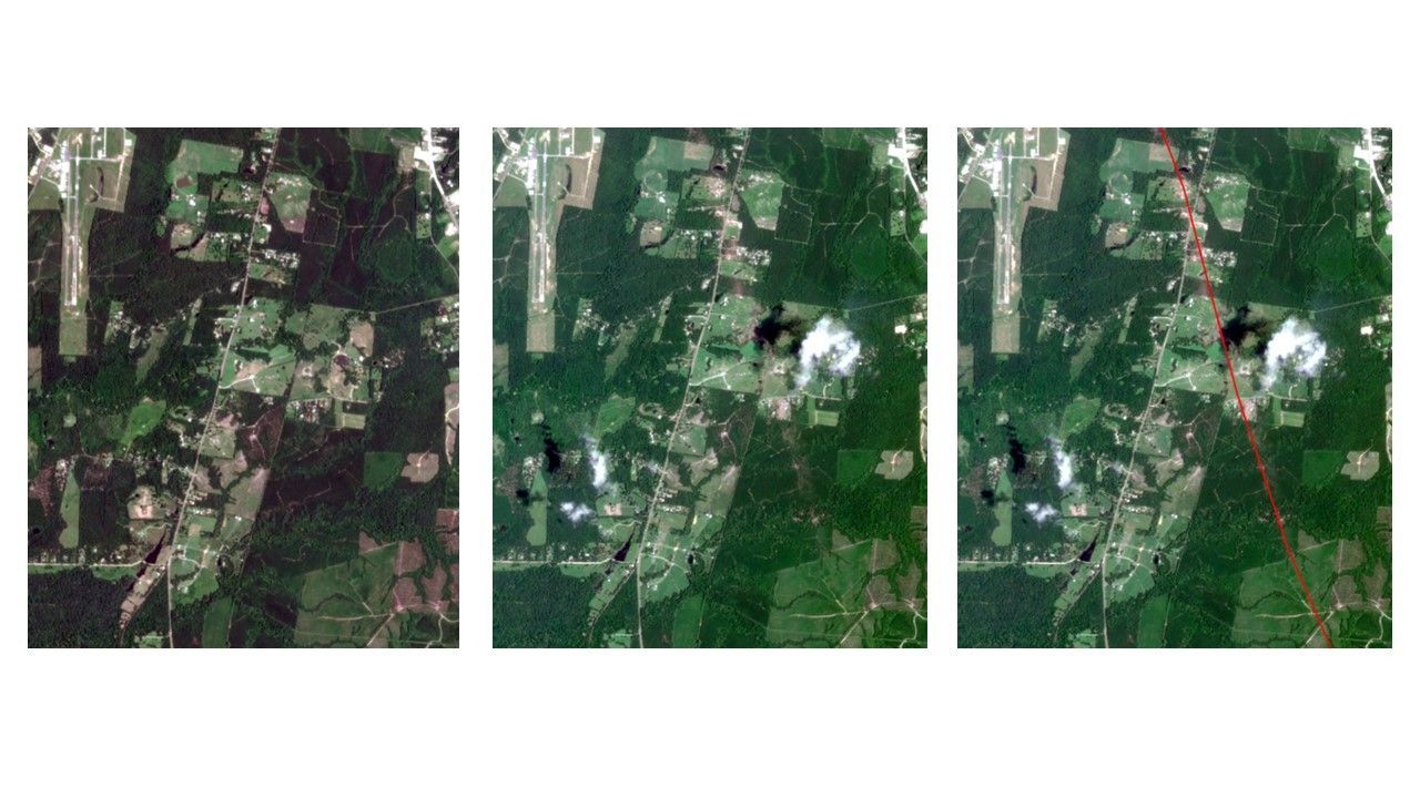 Three side by side images of the same area from an aerial perspective. The left image shows the region before the tornado, the second and third show the damage from the tornado the right includes a red line overlay of the path. The path runs diagonally from bottom right to upper left and shows land stripped of vegetation along it. The path crosses a road following a mirrored diagonal path near the top of the image.