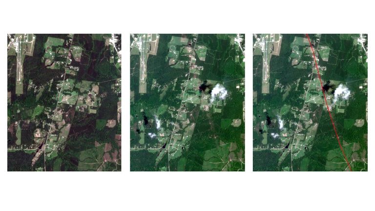 Three side by side images of the same area from an aerial perspective. The left image shows the region before the tornado, the second and third show the damage from the tornado the right includes a red line overlay of the path. The path runs diagonally from bottom right to upper left and shows land stripped of vegetation along it. The path crosses a road following a mirrored diagonal path near the top of the image.