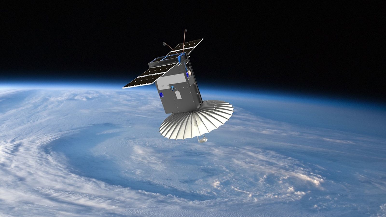 Illustration of the RainCube satellite in space above Earth. The small CubeSat features solar panels and a large, umbrella-like deployable radar antenna pointed downward toward the swirling clouds of a storm system over the planet.
