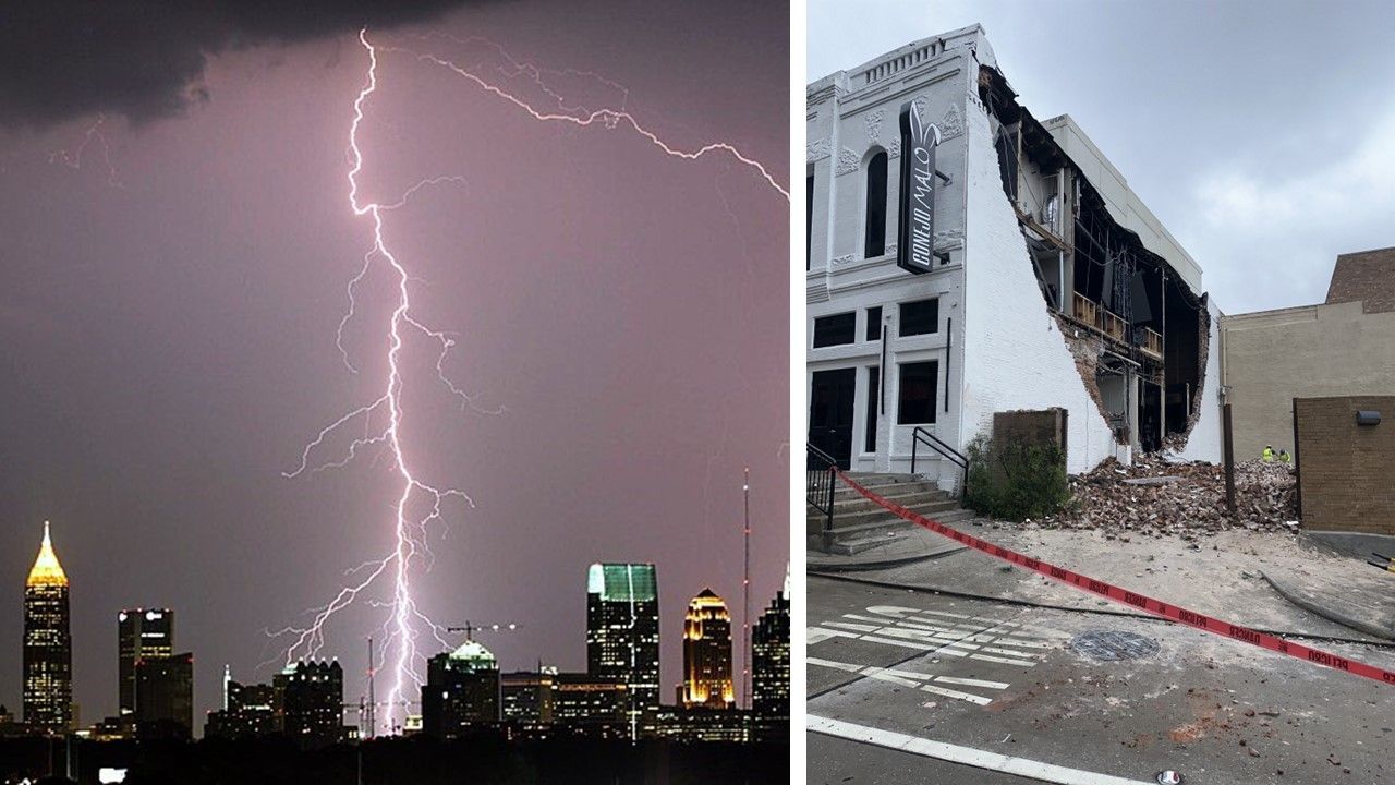 Left: Lightning bolt striking near the Atlanta skyline at night, with illuminated buildings and dark storm clouds in the background. Right: A photo shows a commercial building in Houston, Texas, with its roof partially peeled back after a straight-line wind derecho.