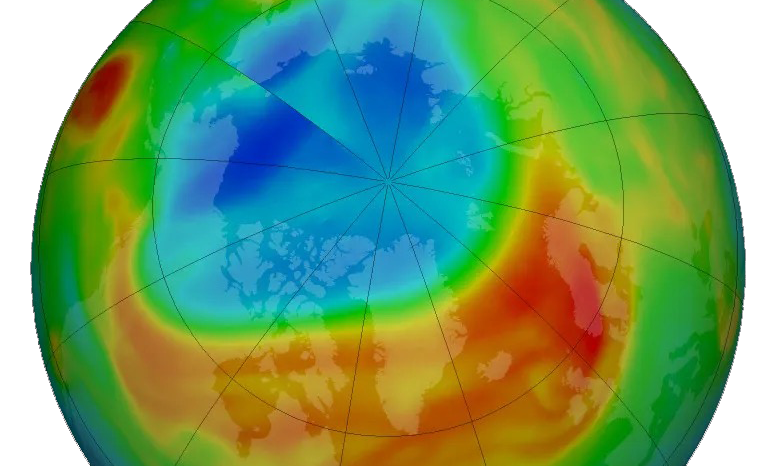 A top down view of the globe with a blue spot over the arctic, an orange swath over Canada and Northern Europe, and green elsewhere.